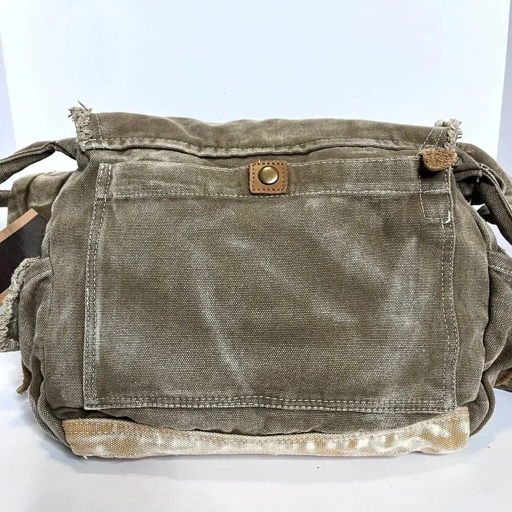 Scruffy Dog Trading Co Vtg Messenger Khaki Canvas Tan Leather Shoulder Bag